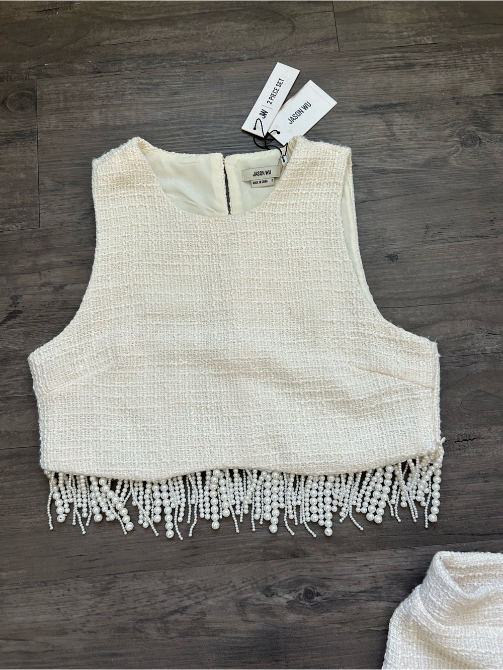 Jason Wu Ivory Tweed Beaded Fringe Crop Top & High-Waist Shorts Set - Picture 3 of 11